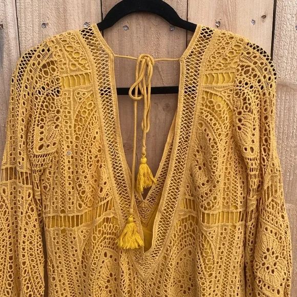 Jen's Pirate Booty Jasmine Crochet Mini Dress Small Yellow Orange Bell Sleeve - Picture 9 of 13